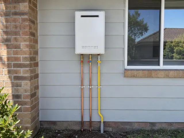 Wall-mounted hot water unit with exposed copper and gas pipework on a house exterior in Rathmines