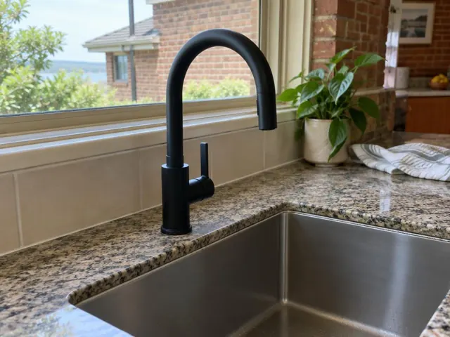 Black kitchen mixer tap beside a stainless sink on a stone benchtop with tiled splashback in Balmoral